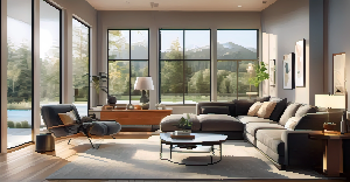 A contemporary living room in a smart home with large windows, smart lighting, a smart thermostat, and stylish decor.
