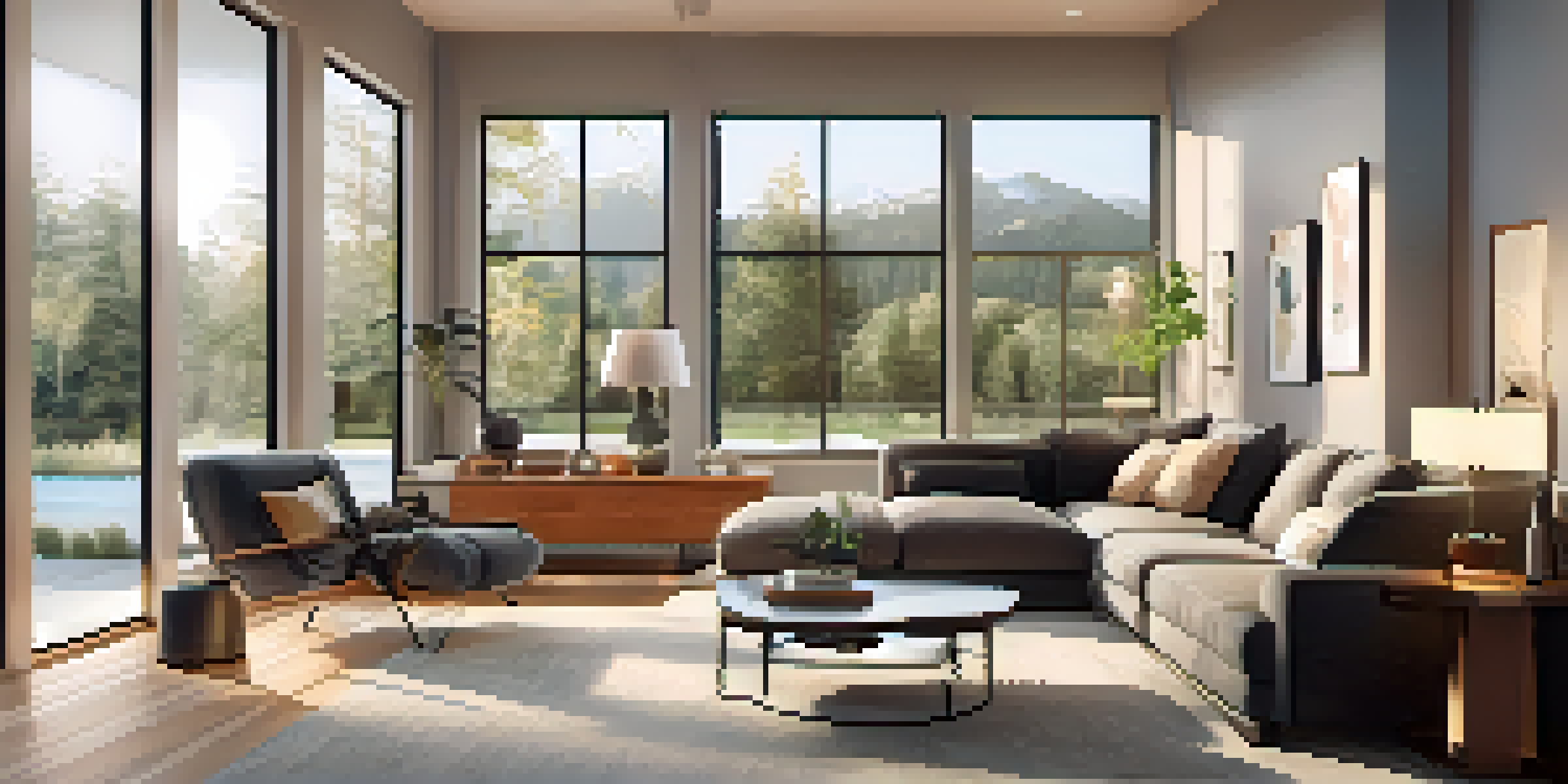 A contemporary living room in a smart home with large windows, smart lighting, a smart thermostat, and stylish decor.