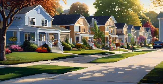 A peaceful suburban neighborhood with single-family homes, gardens, trees, and children playing in a park under golden sunlight.