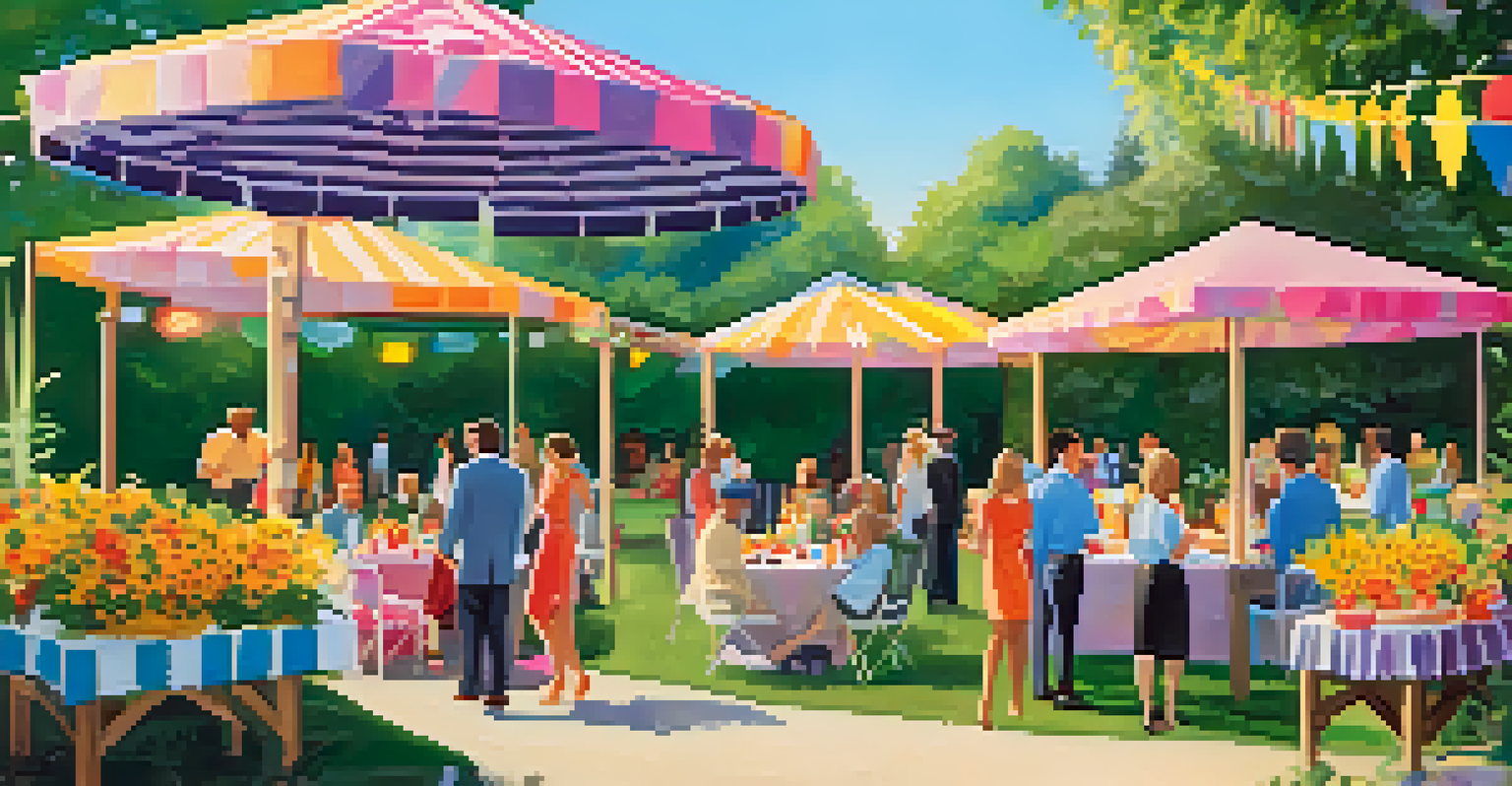 An outdoor open house with refreshments and guests enjoying a garden setting.