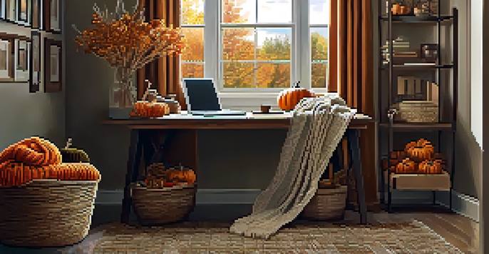 A home office with autumn decor, including pumpkins and a warm color palette, illuminated by soft sunlight.