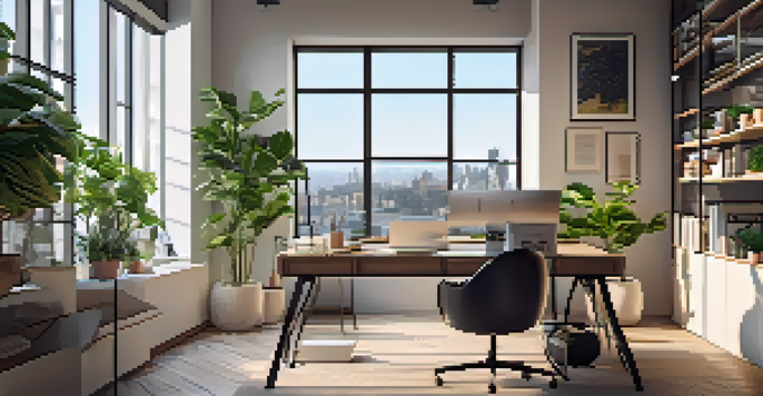 A cozy real estate office with a modern desk, paperwork, house models, and plants, illuminated by natural light from large windows with a city view.