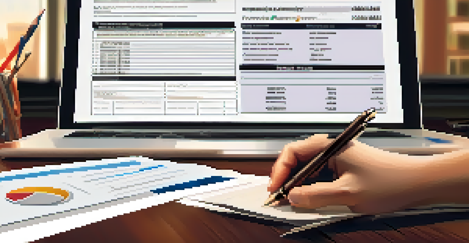 A hand holding a pen over a loan application form on a wooden table, with a laptop displaying financial information in the background.