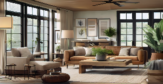 A warm and inviting open floor plan living area with a large sectional couch, coffee table, and a rustic dining area in the background, illuminated by natural light.