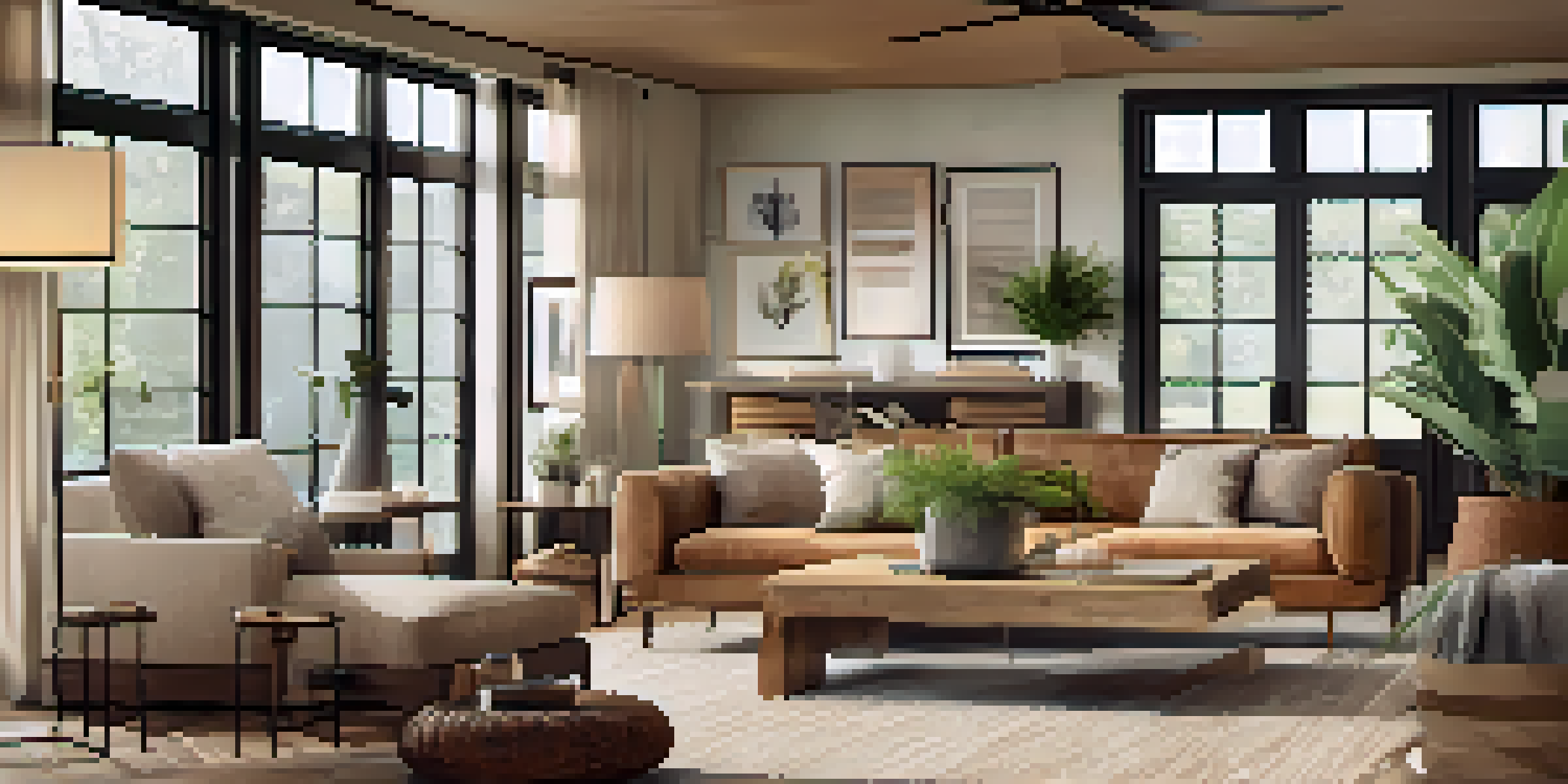A warm and inviting open floor plan living area with a large sectional couch, coffee table, and a rustic dining area in the background, illuminated by natural light.