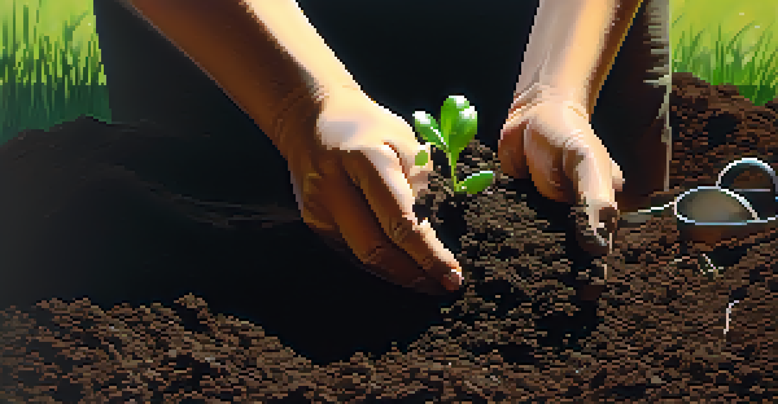 Close-up of hands mixing compost into rich soil with green sprouts emerging, illuminated by soft natural light.