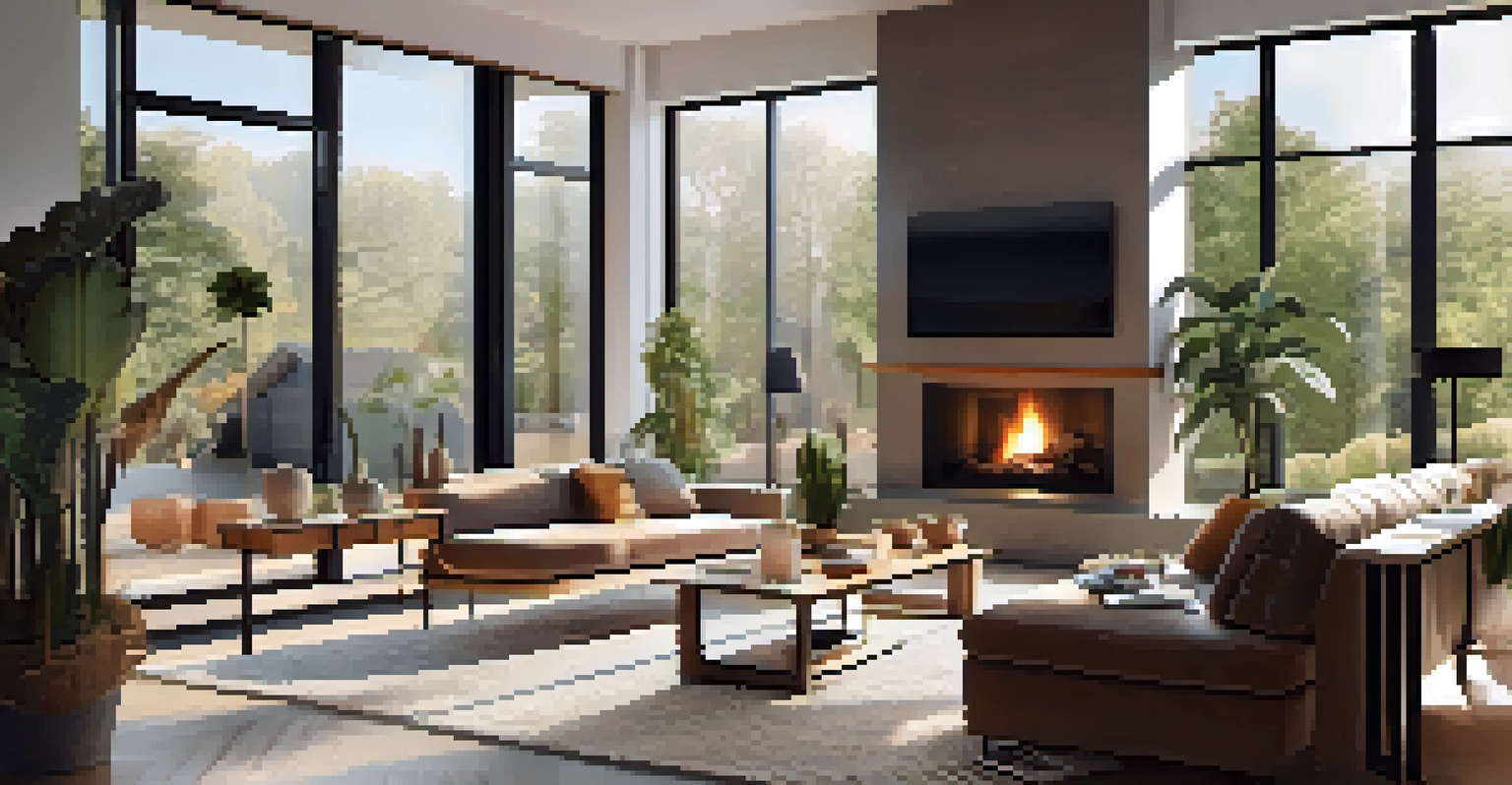 A modern living room featuring a fireplace and large windows, with a couple discussing home buying options while looking at a tablet.