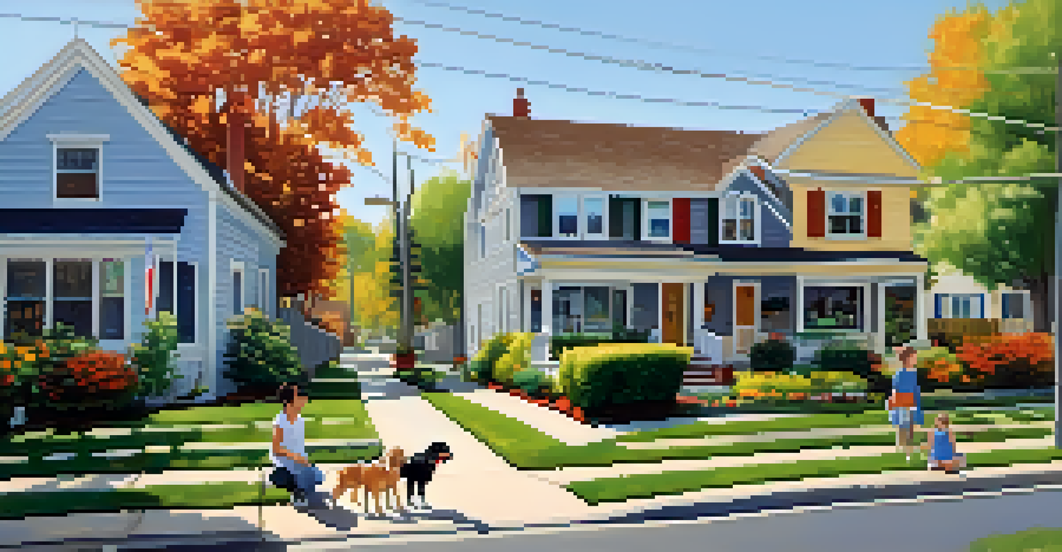 A beautiful neighborhood street with happy children playing, well-kept homes, and vibrant flower beds under a sunny sky.