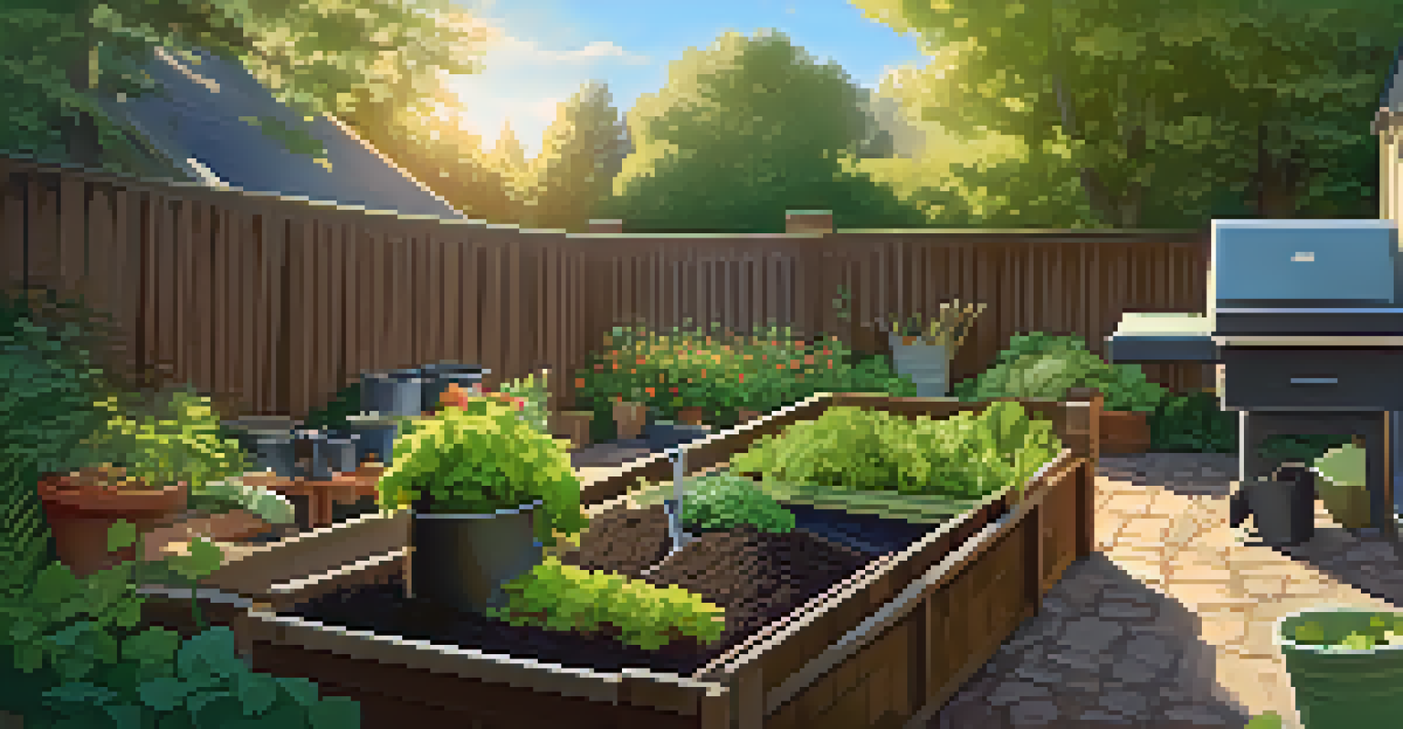 A compost bin in a sunny backyard surrounded by healthy plants and a vegetable garden, showcasing organic gardening practices.