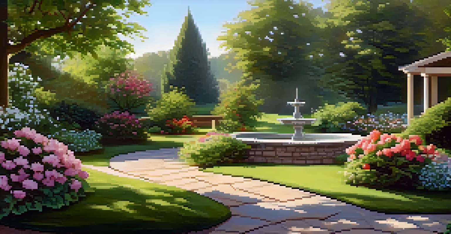 A serene garden with blooming flowers and a wooden bench surrounded by greenery.