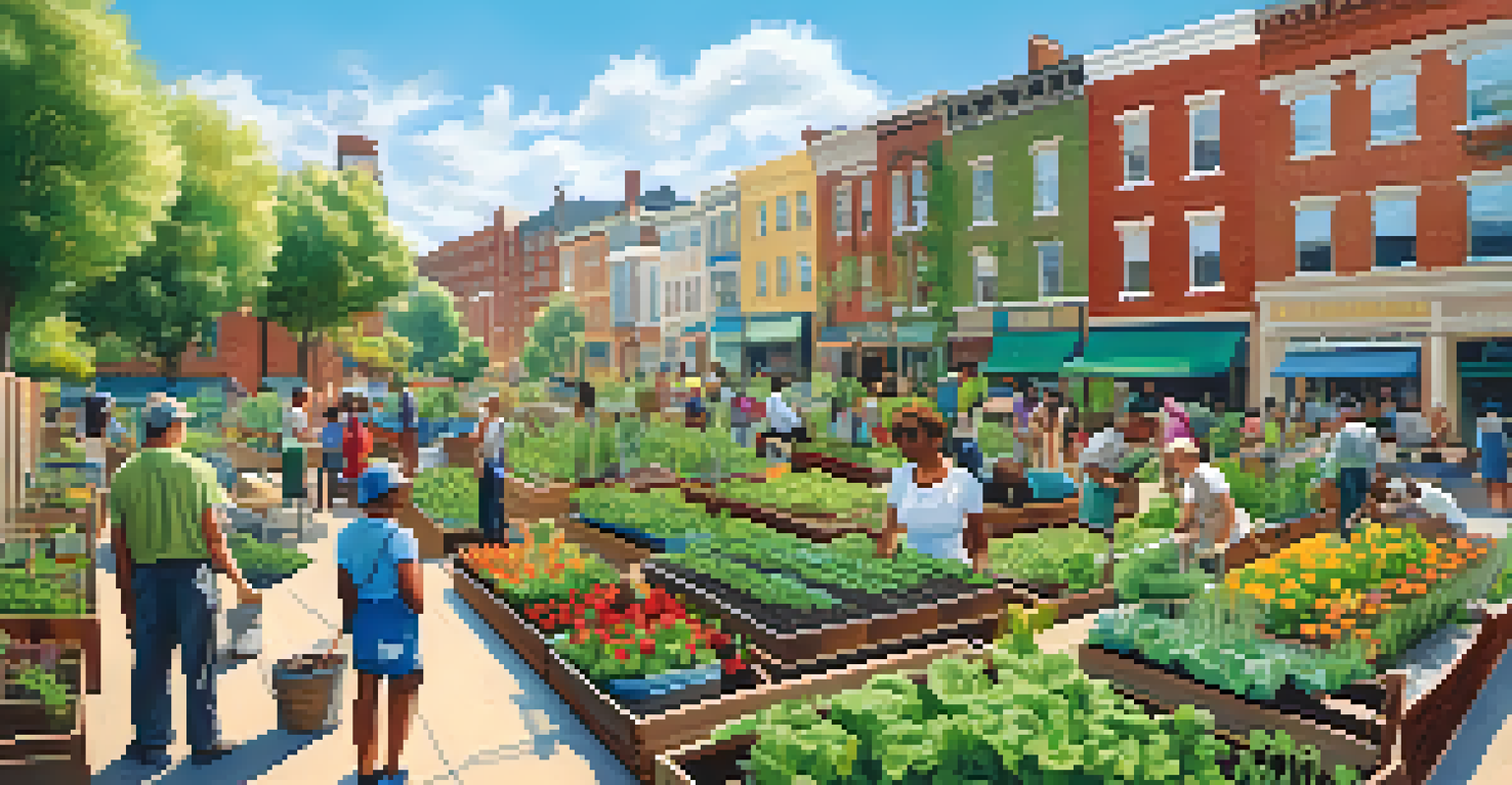 A community garden with residents planting vegetables and flowers, surrounded by a mix of old and new buildings under a blue sky.