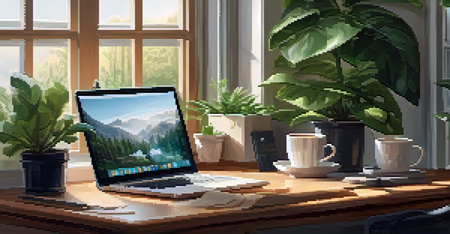 A cozy home office with a wooden desk, laptop, indoor plants, and a steaming coffee mug.