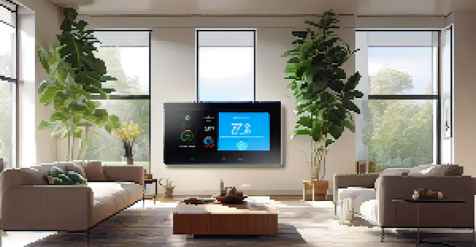A contemporary living room showcasing a smart thermostat on the wall, with sunlight streaming through a large window, and stylish furniture.
