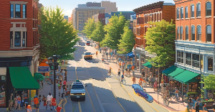 A lively urban neighborhood featuring a mix of residential and commercial buildings with people walking, cycling, and using public transport under a warm sunset.