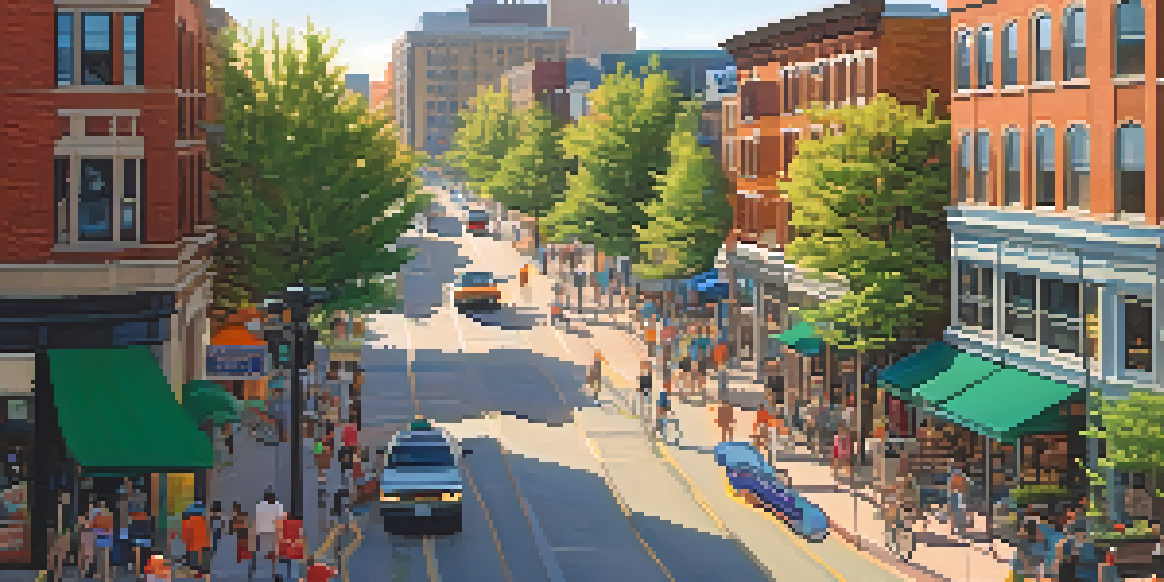 A lively urban neighborhood featuring a mix of residential and commercial buildings with people walking, cycling, and using public transport under a warm sunset.