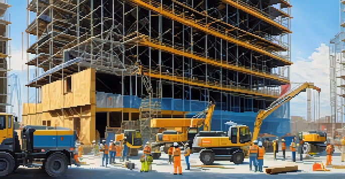 A busy construction site with workers in safety gear collaborating on a project, a partially constructed building in the background, cranes, and scaffolding.