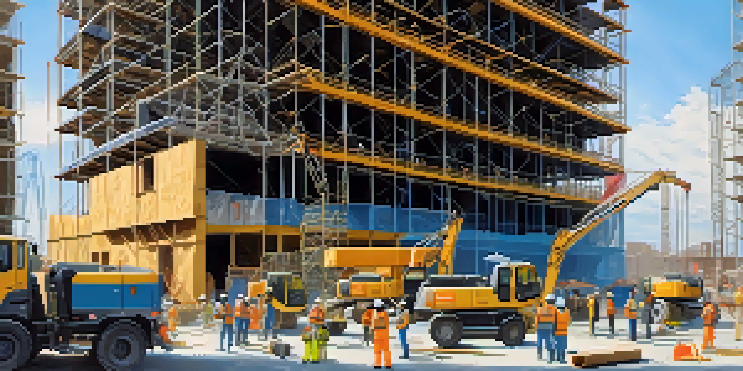 A busy construction site with workers in safety gear collaborating on a project, a partially constructed building in the background, cranes, and scaffolding.