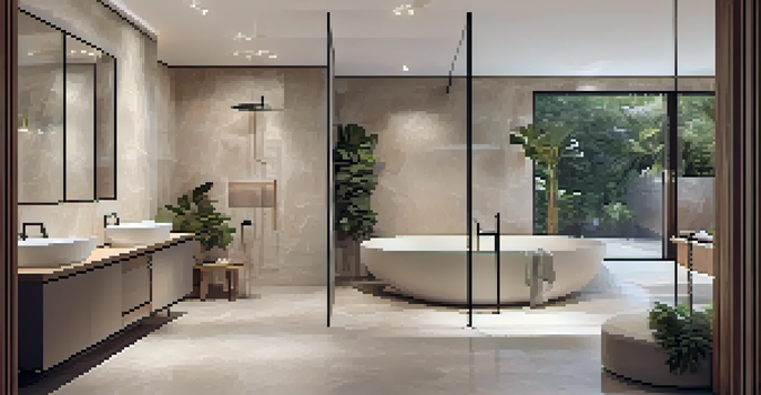 A serene bathroom with a wet room design, featuring a freestanding bathtub and a glass shower, natural stone tiles, wooden accents, and plants.