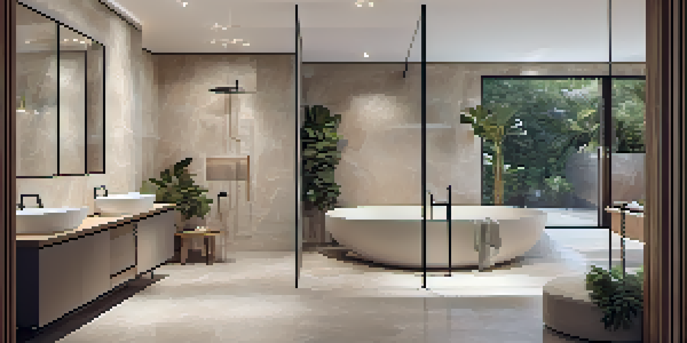 A serene bathroom with a wet room design, featuring a freestanding bathtub and a glass shower, natural stone tiles, wooden accents, and plants.