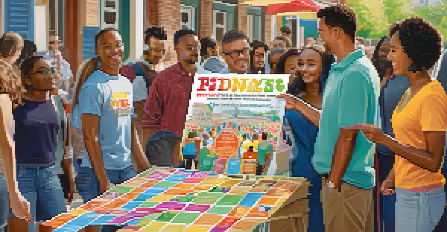 A person handing out open house flyers at a community event with people in the background.