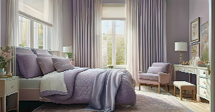 A small bedroom featuring soft lavender walls, light furniture, and pastel decor, illuminated by natural light from the window.