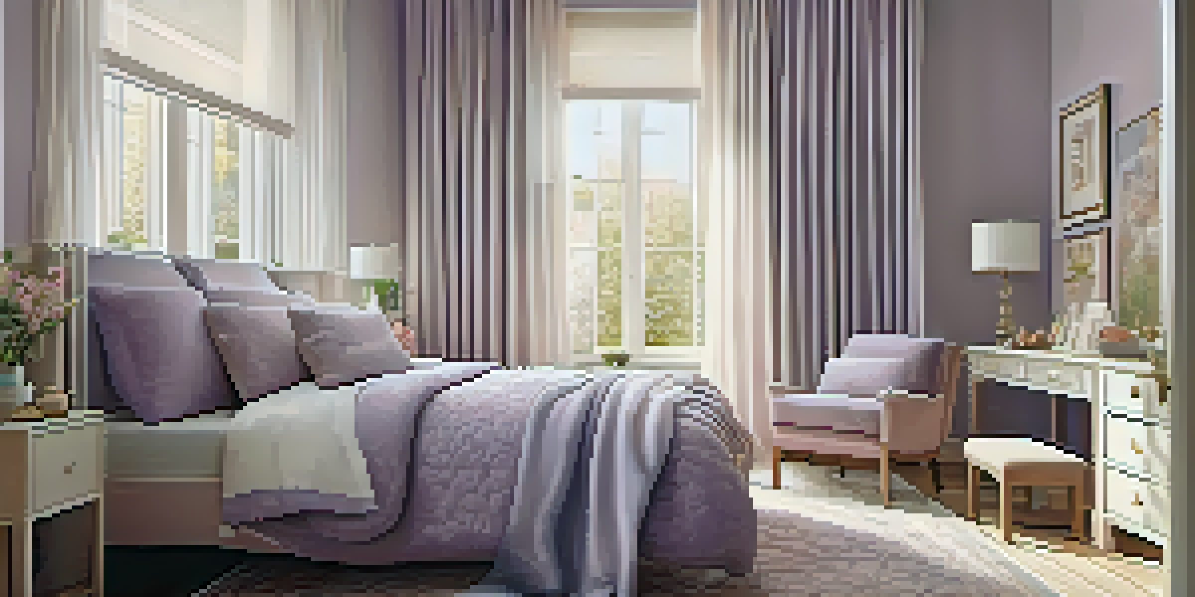 A small bedroom featuring soft lavender walls, light furniture, and pastel decor, illuminated by natural light from the window.