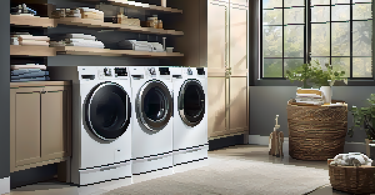 A cozy laundry room with smart appliances being controlled by a smartphone, a folding table with labeled sorting baskets, warm lighting, and decorative elements.