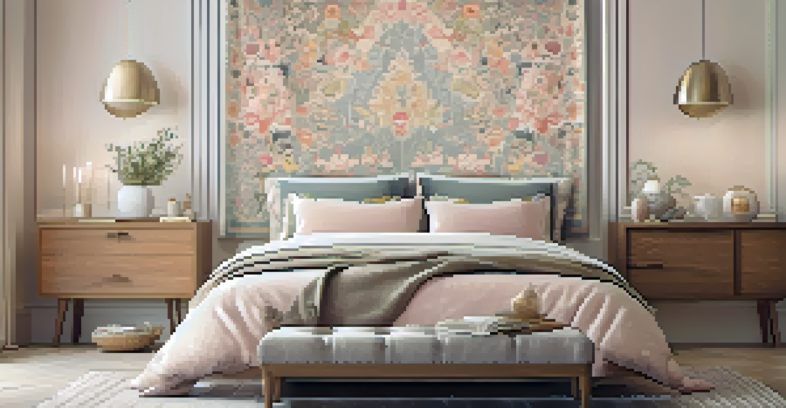 A vintage floral tapestry above a bed in a serene bedroom setting with soft lighting.