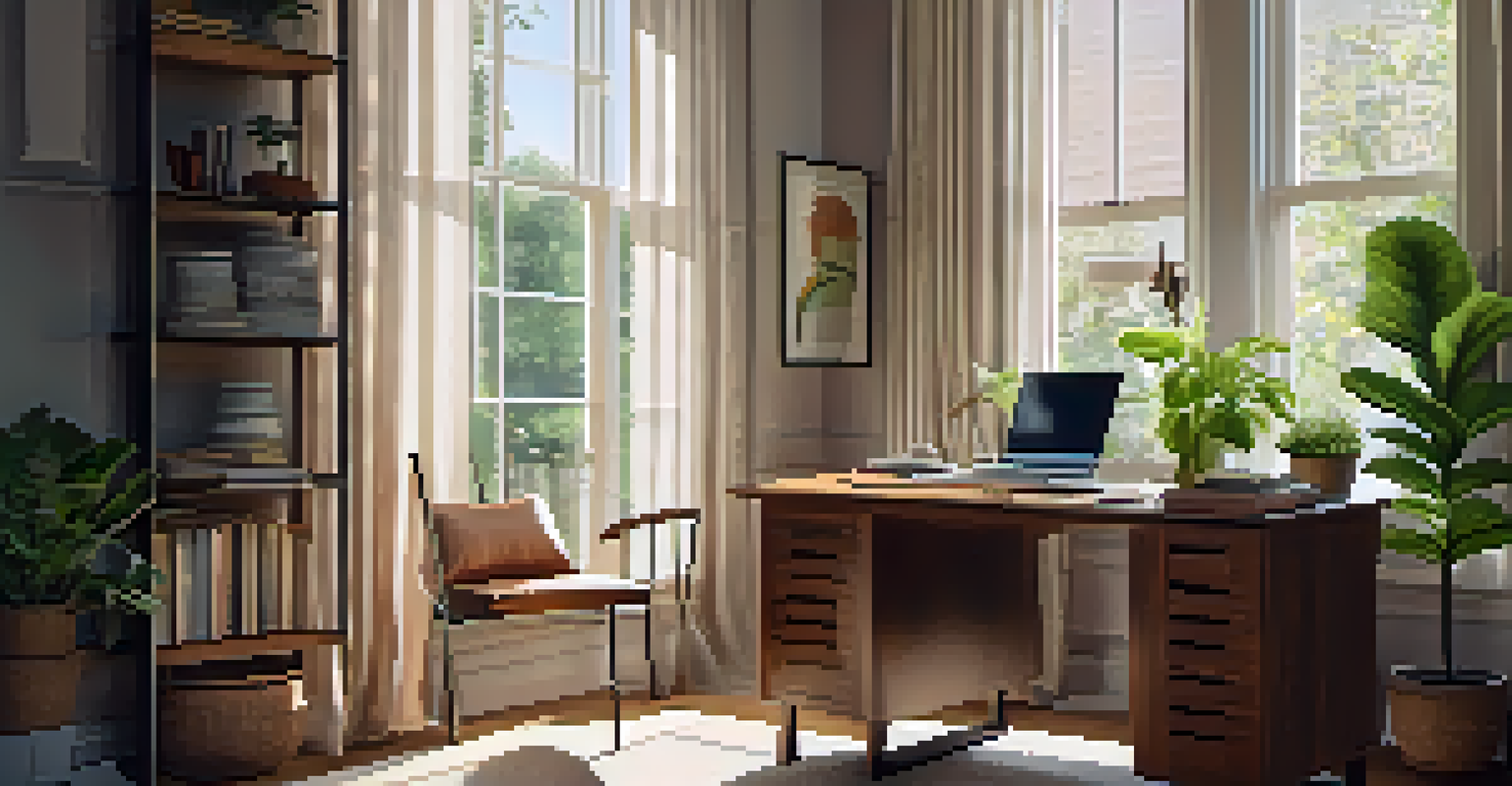 A cozy home office with a wooden desk, laptop, and plants, illuminated by natural light.