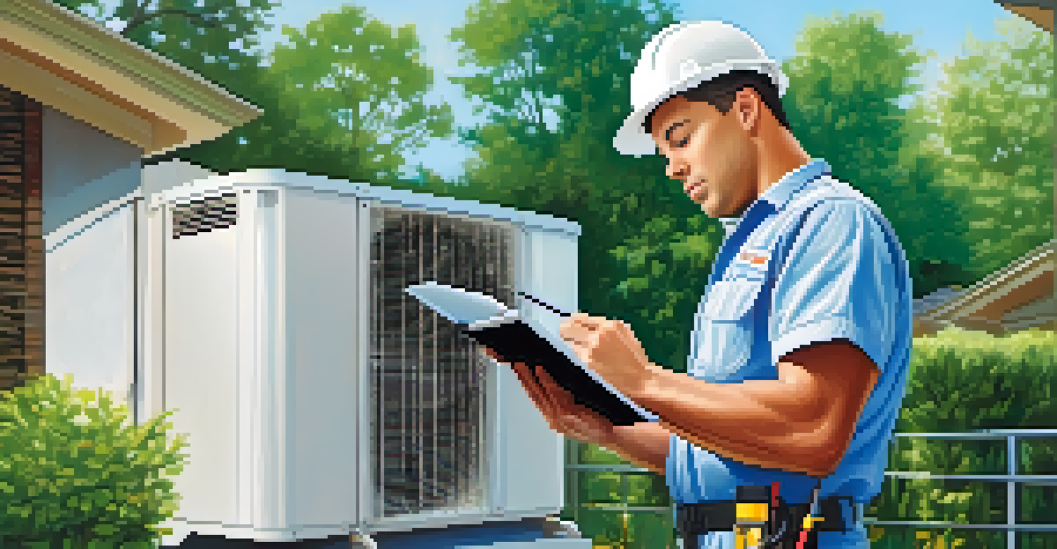 An HVAC technician inspecting a modern unit with a tablet, set in front of a house with a garden.
