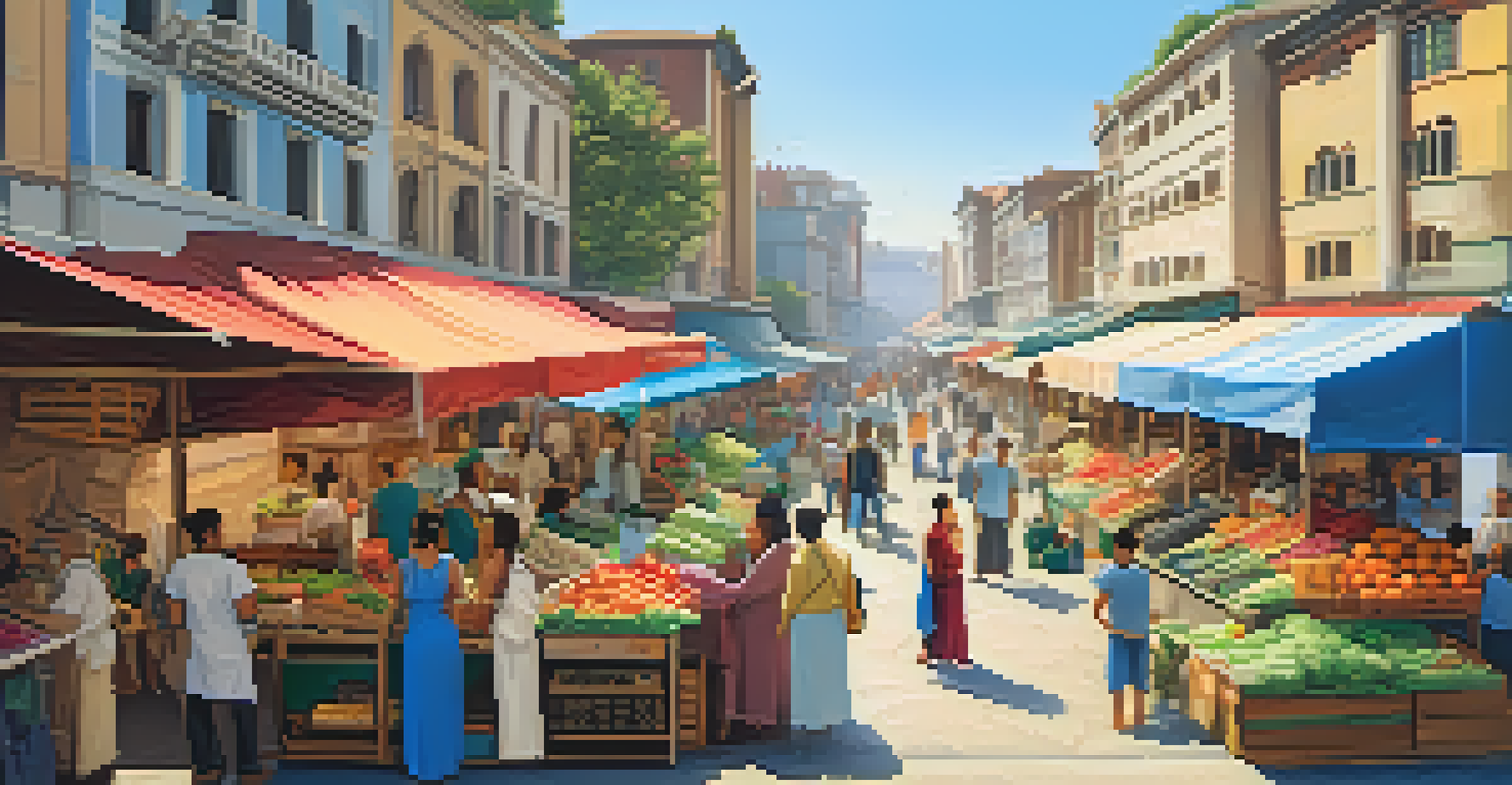 A cityscape featuring a vibrant street market with colorful stalls and pedestrians under clear blue skies.