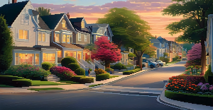 A peaceful suburban neighborhood at sunset with charming houses and colorful gardens.