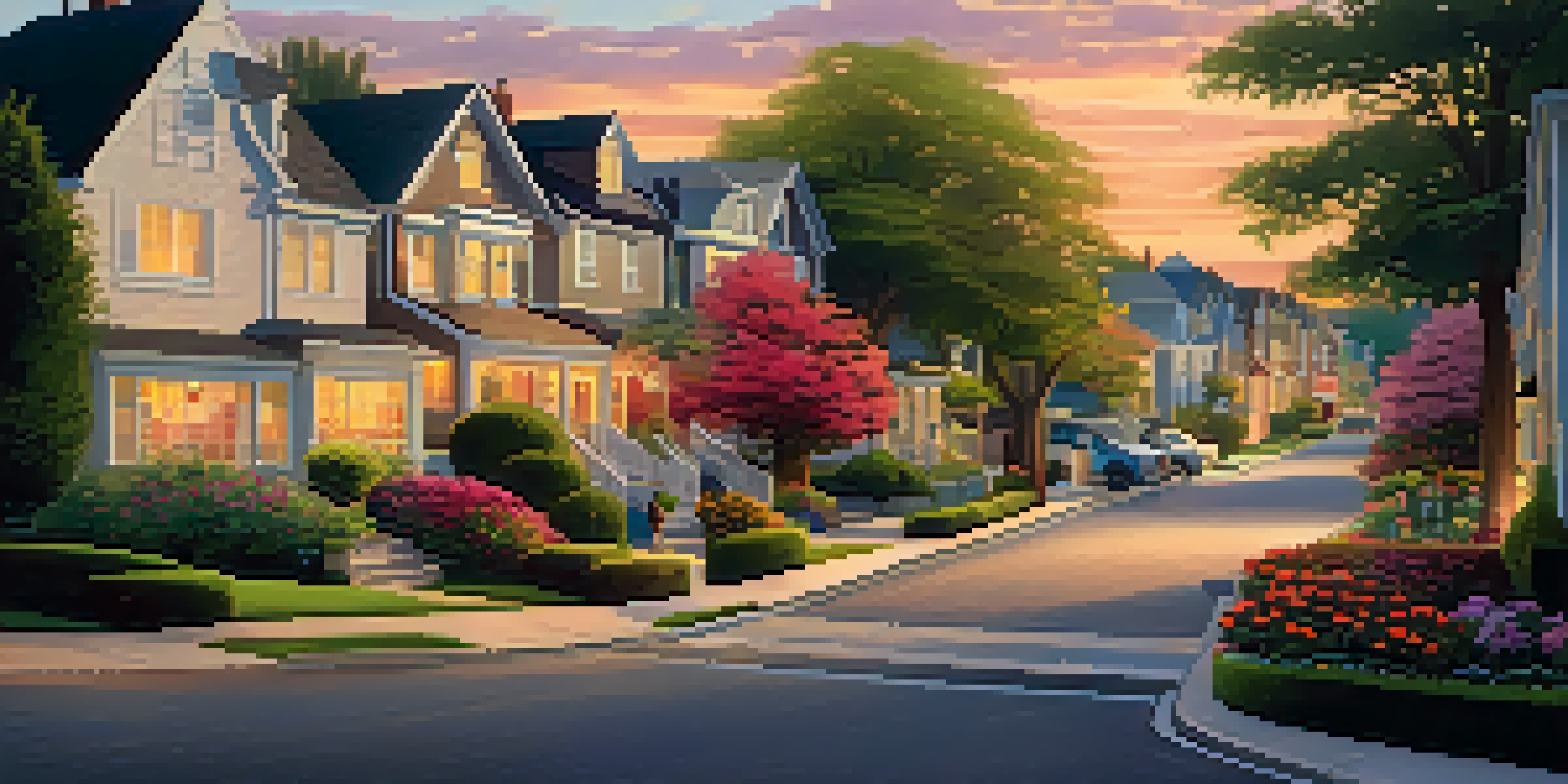 A peaceful suburban neighborhood at sunset with charming houses and colorful gardens.