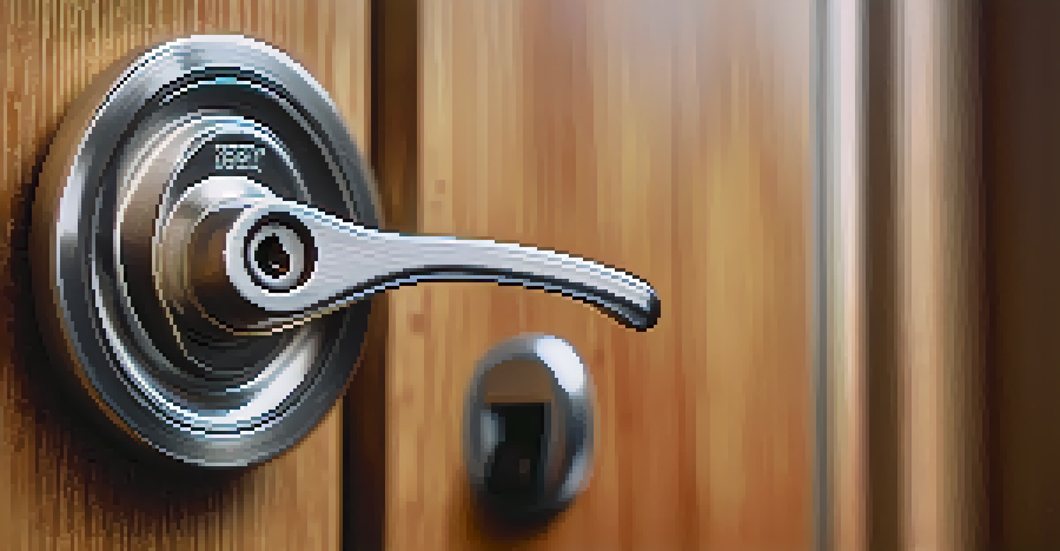 A close-up view of a high-security lock on a wooden door, highlighting its features.