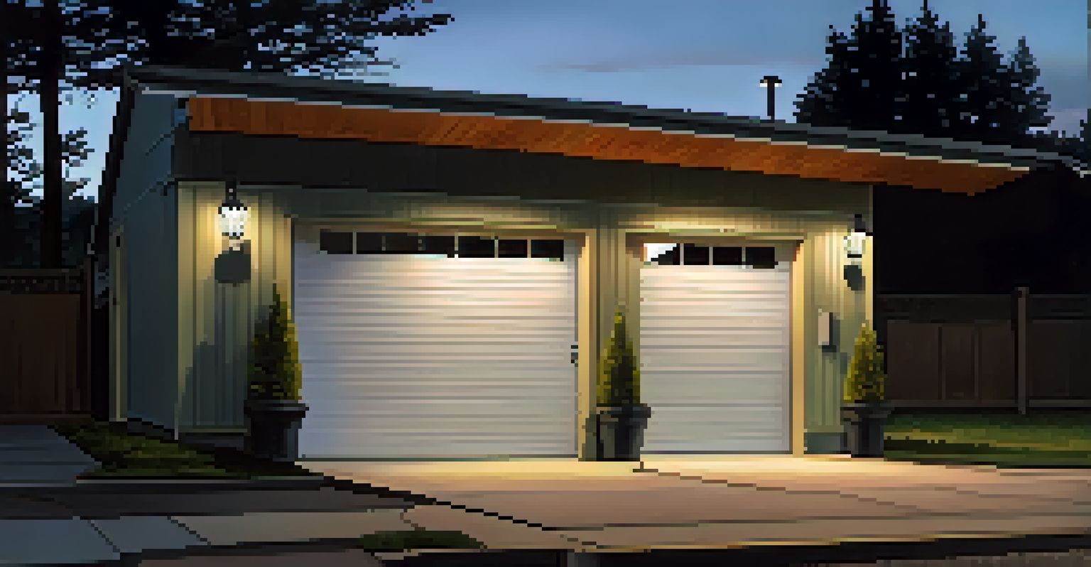 A garage with a reinforced security door, security bar, motion-sensor lights, and a security camera in an evening setting.