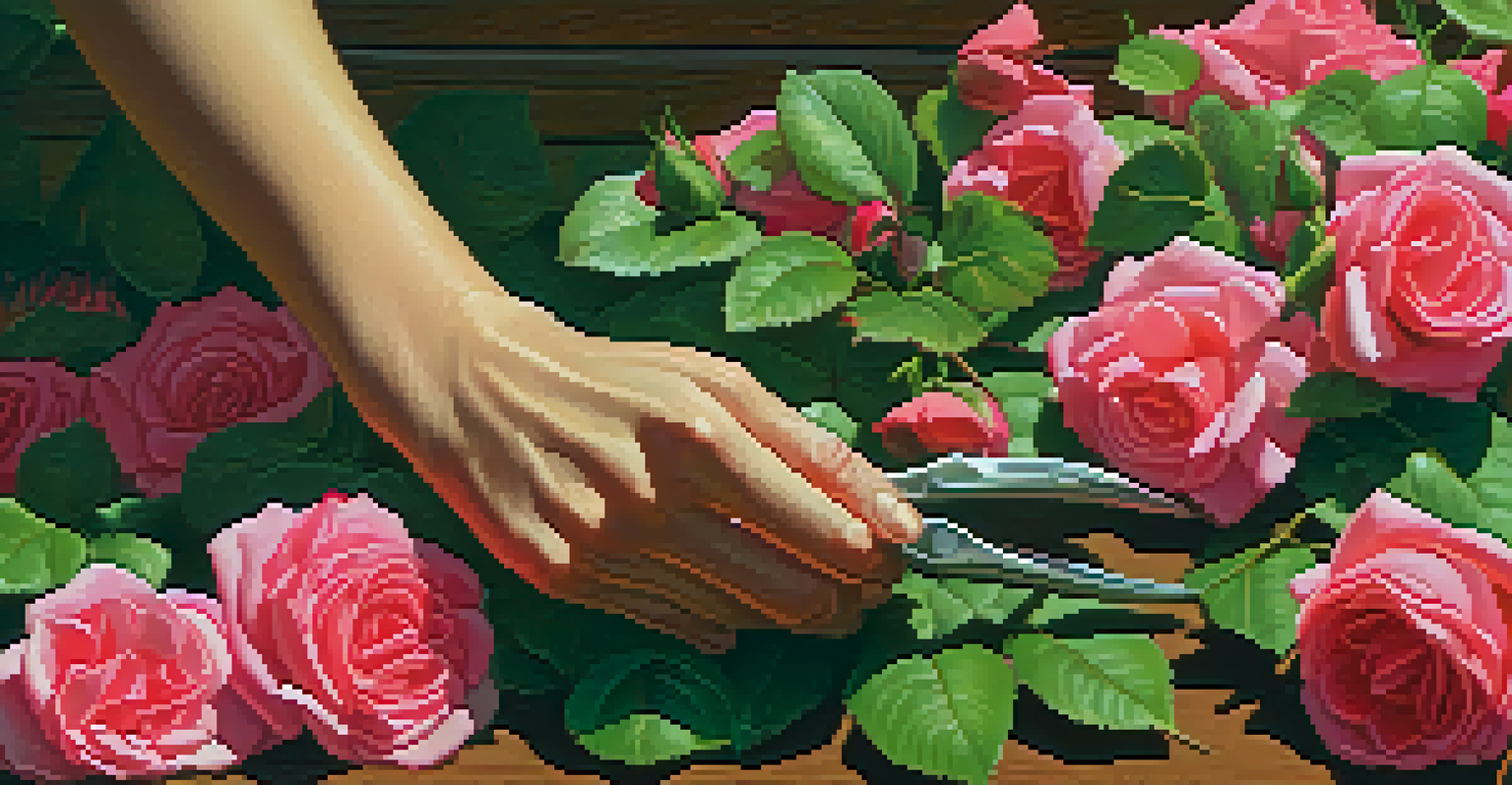 A close-up of a gardener's hands pruning a rose bush, with vibrant pink and red flowers in focus and gardening tools nearby.
