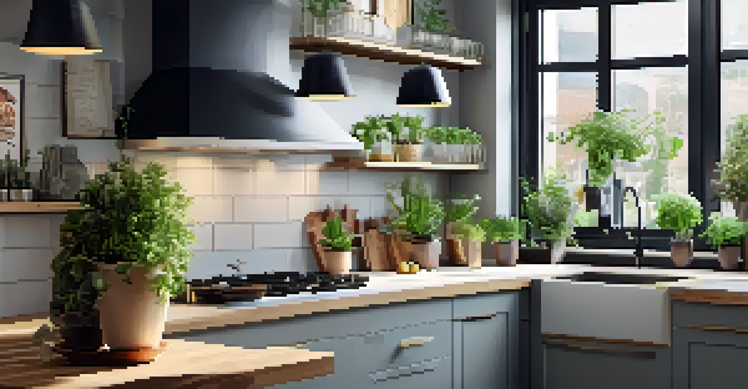 A vibrant kitchen with herbs and plants on the windowsill, illuminated by bright, cool lighting.