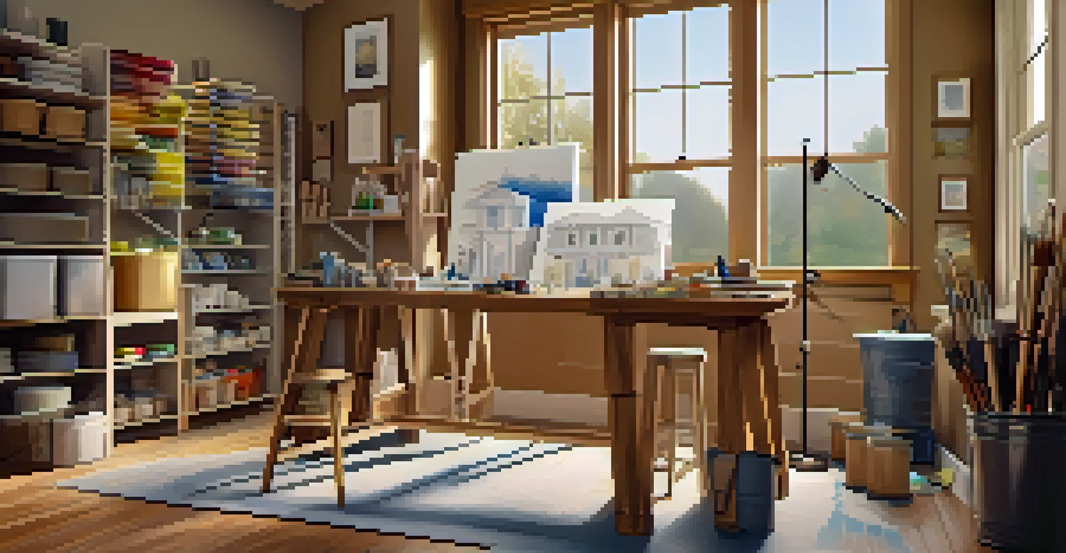 A tidy home renovation workspace with tools, blueprints, and paint swatches in a bright setting, and a partially renovated room in the background.