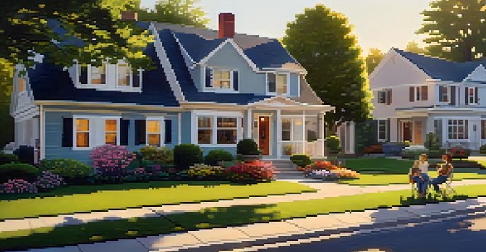 A suburban neighborhood with diverse homes, green lawns, and a family enjoying their backyard during golden hour.