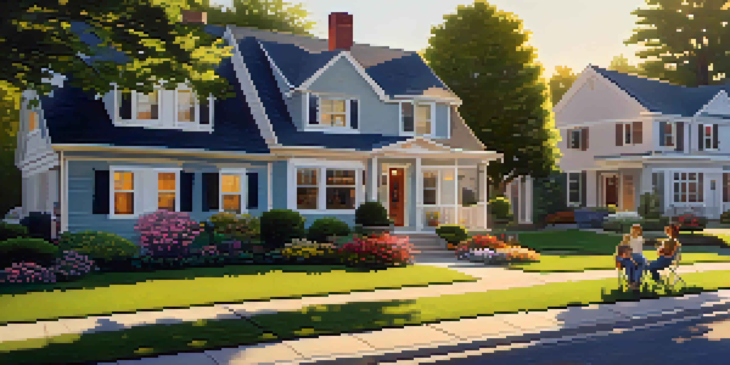 A suburban neighborhood with diverse homes, green lawns, and a family enjoying their backyard during golden hour.