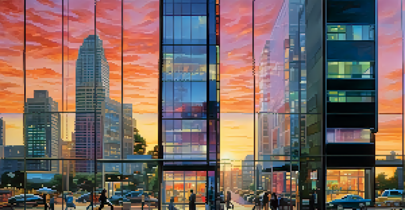 An urban skyline at dusk with high-rise buildings and a real estate office displaying property listings and interest rate updates.