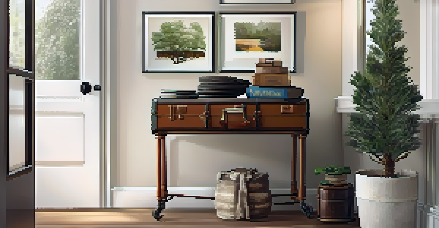 An entryway with a vintage suitcase, family photos, and travel-themed wall art, illuminated by soft lighting and featuring a small indoor tree.