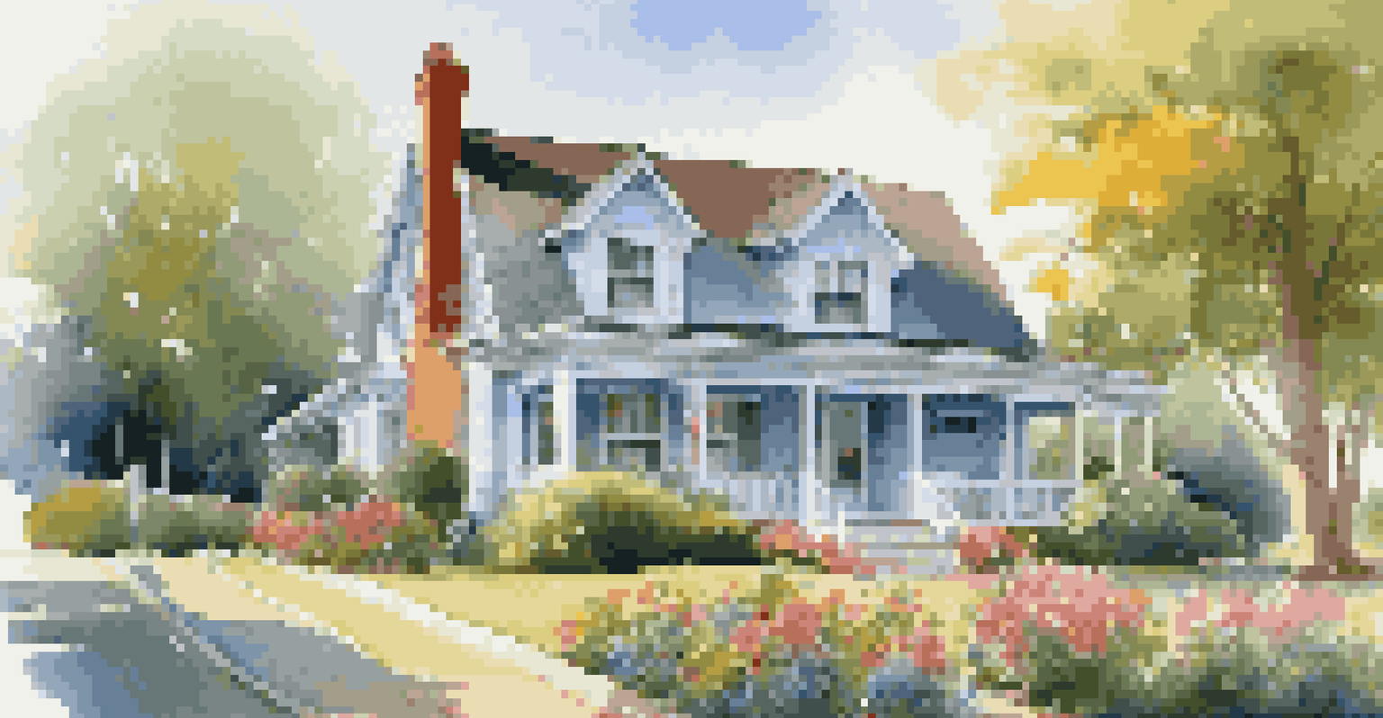 A picturesque suburban house with a garden, picket fence, and a clear blue sky.