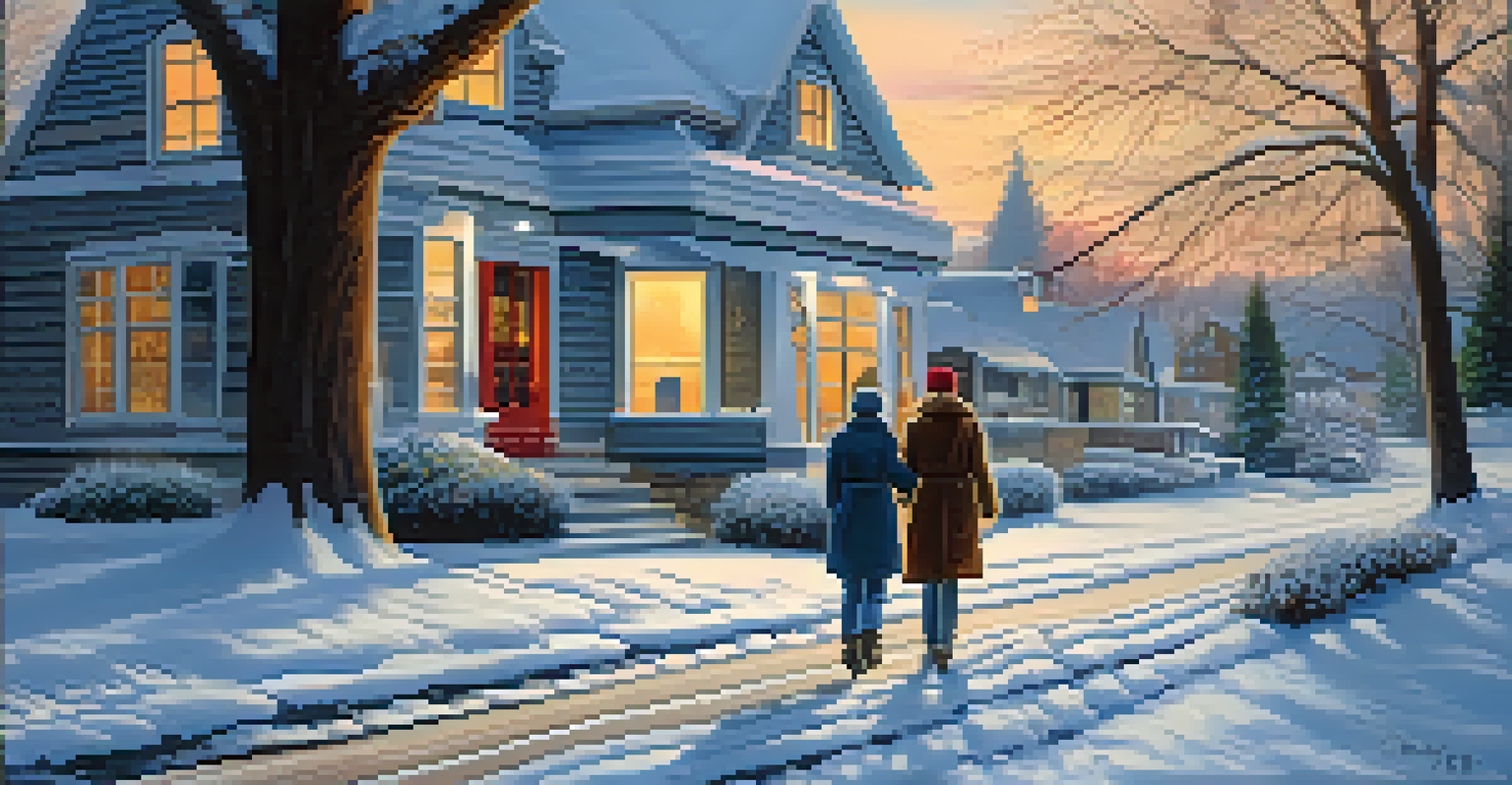 A snowy street with a 'For Sale' sign in front of a cozy house, and a couple walking in the background.