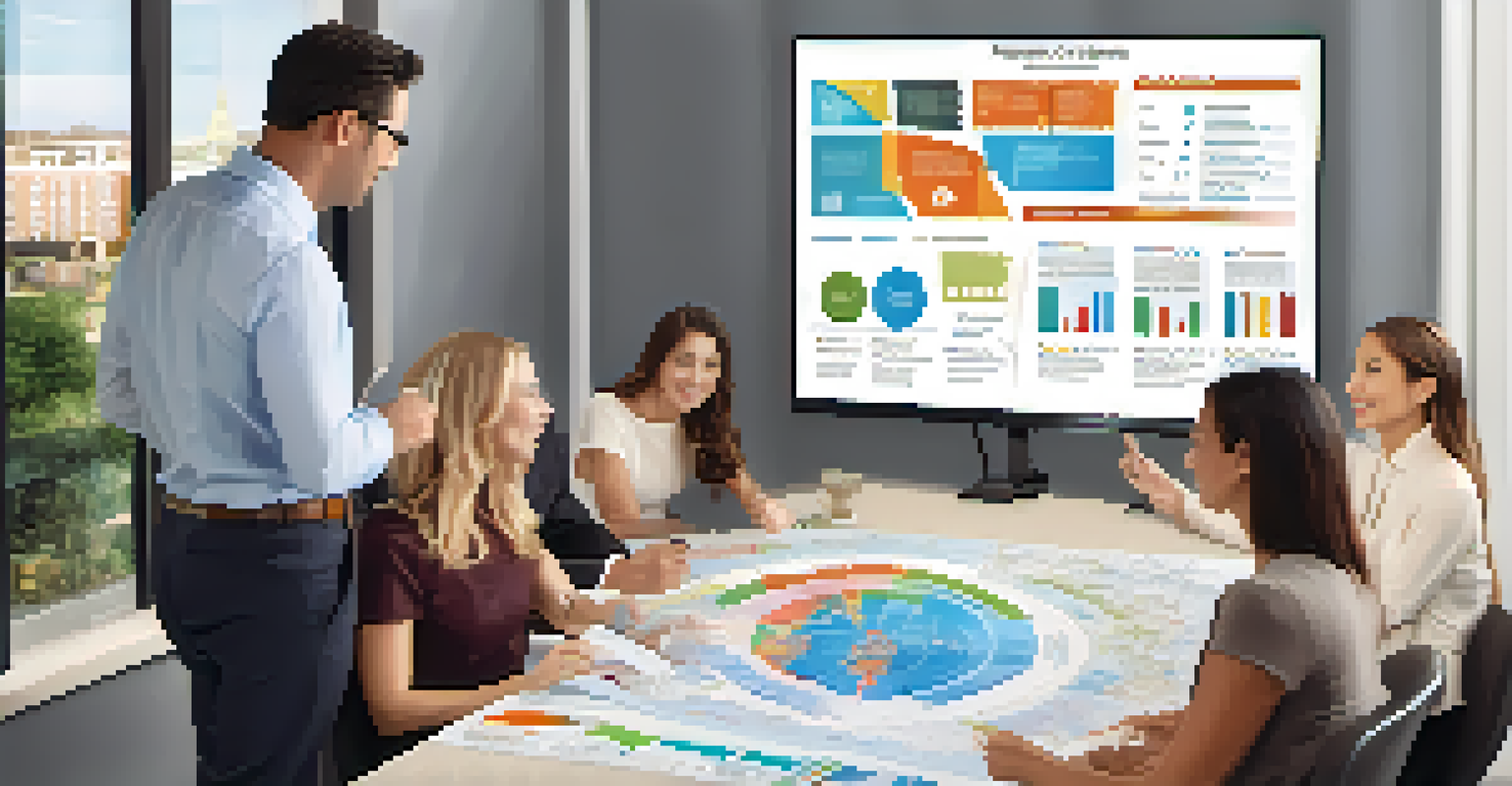 A real estate agent showing an infographic about property data to clients in a bright modern office.