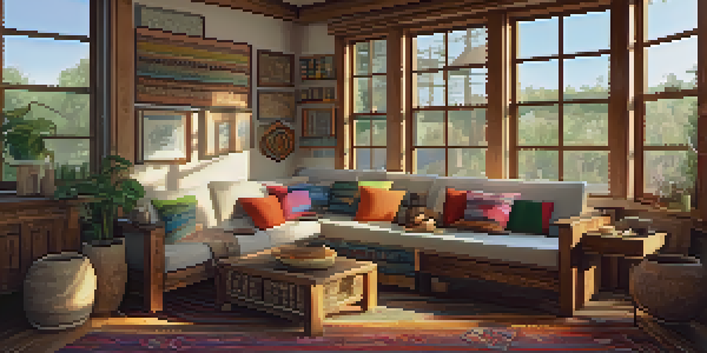 A warm living room filled with reclaimed wood furniture, local pottery, and handwoven textiles, with sunlight streaming through large windows.