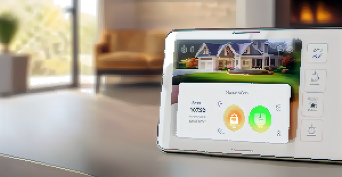 A smartphone displaying a home security system interface with notifications, set against a well-lit living room background.