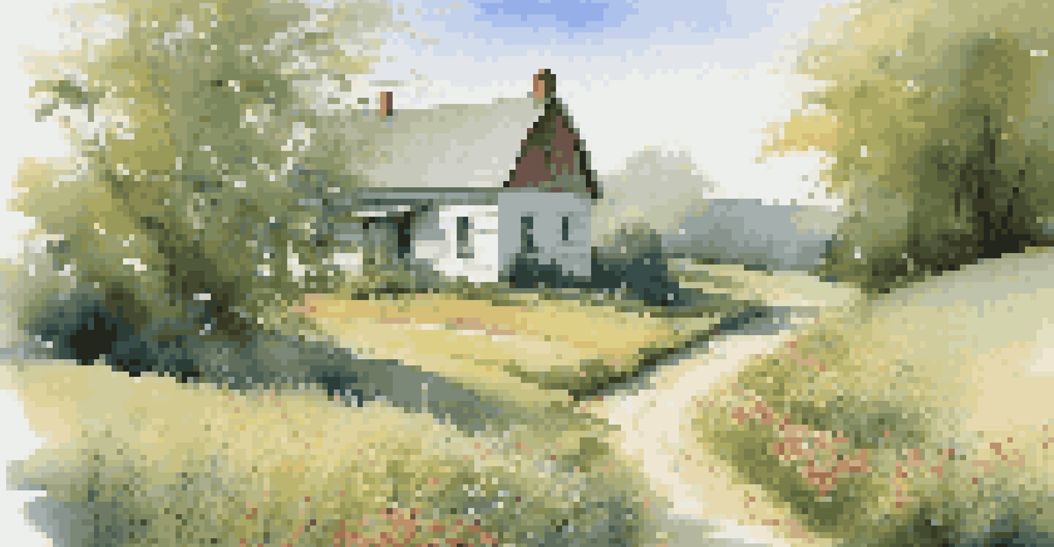 A rural landscape with a farmhouse, greenery, blue sky, and a dirt path lined with wildflowers.