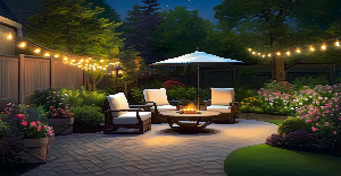 A landscaped backyard with colorful smart outdoor lighting illuminating a path and seating area, creating a vibrant evening atmosphere.