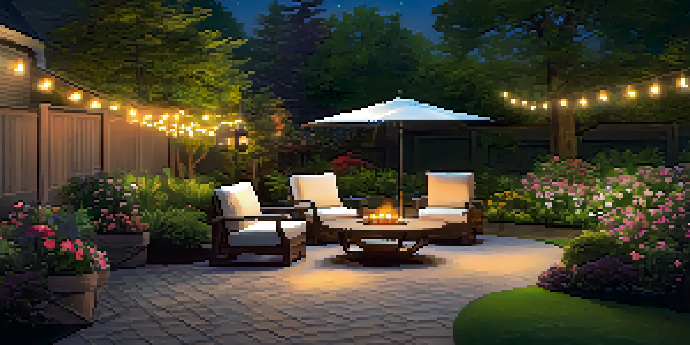 A landscaped backyard with colorful smart outdoor lighting illuminating a path and seating area, creating a vibrant evening atmosphere.